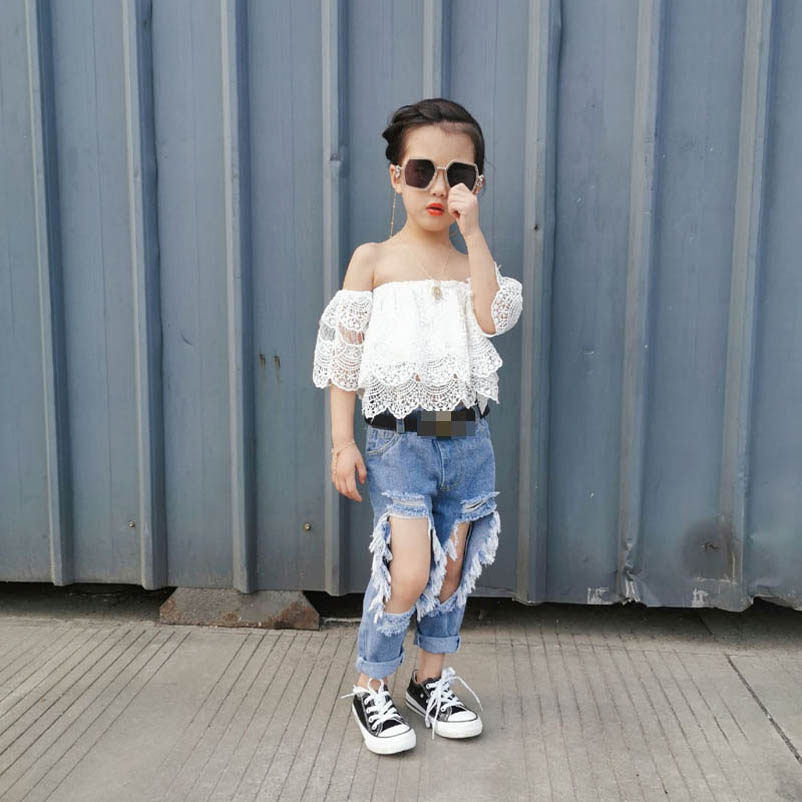 Kids Clothing Sets Girls Outfits Baby Clothes Children Suits Summer Children's Wear Lace Tops Hole Denim Trousers 2Pcs B7597, White
Kids Clothing Sets Girls Outfits Baby Clothes Children Suits Summer Children's Wear Lace Tops Hole Denim Trousers 2Pcs B7597, White