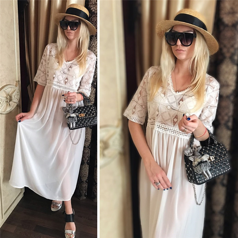 Elegant White Lace Tunic Women Summer Beach Dress Robe de plage Sarong Plus Size Swimsuit Cover Up Long Kaftan Swim Skirt #Q610 210420