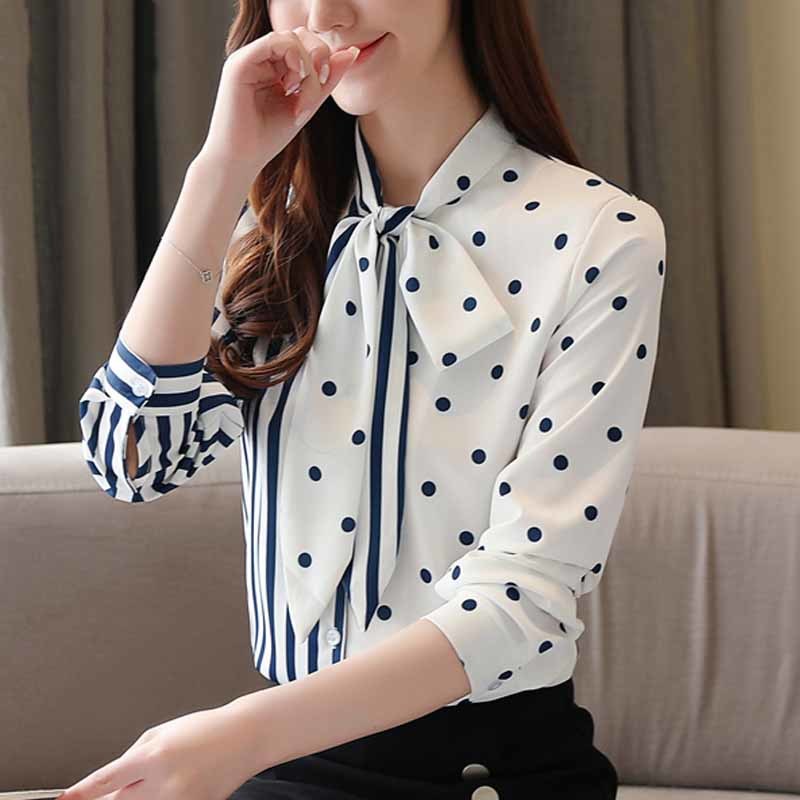Autumn White Polka Dot Chiffon Women Blouse Casual Long Sleeve Striped Shirt Bow Button Cardigan Ladies Tops 10755 210518