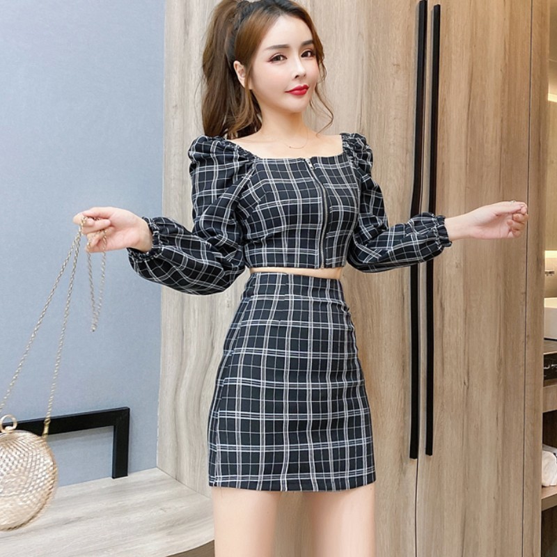 Summer Women Two Piece Set Casual Sexy Plaid Puff Sleeve Short Shirt Top + High Waist Mini Skirt Suit Outfits 210518