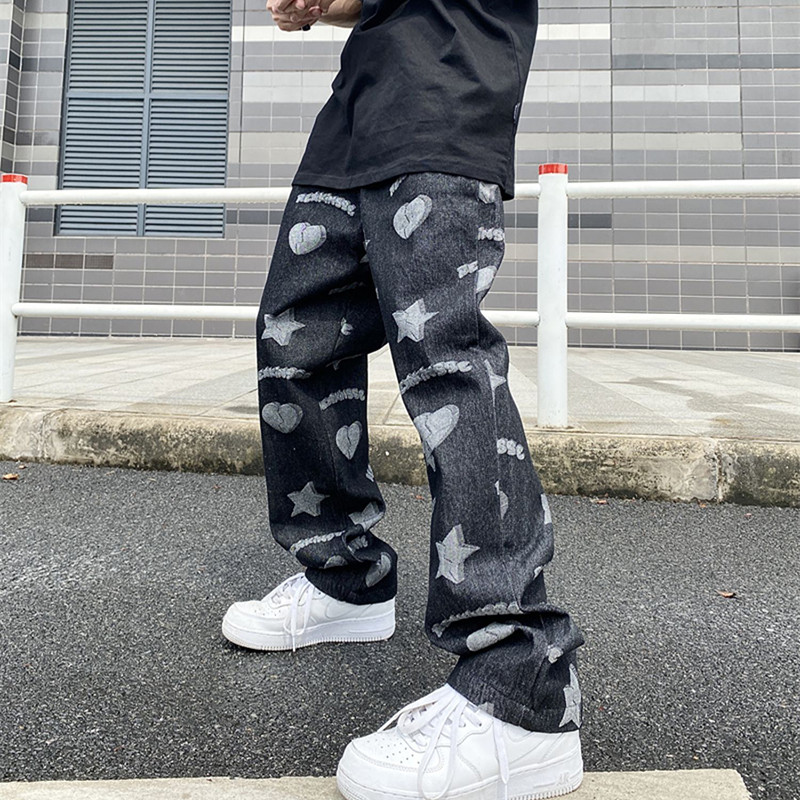 Love Five Stars Pattern Retro Casual Mens Jeans Pants High Street Oversize Spliced Ripped Straight Couple Denim Trousers, Black
Love Five Stars Pattern Retro Casual Mens Jeans Pants High Street Oversize Spliced Ripped Straight Couple Denim Trousers, Black