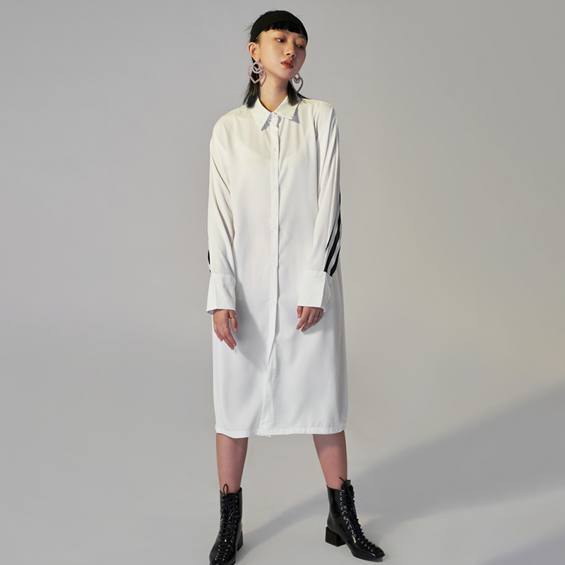 back striped shirt dress women's summer lapel single breasted long sleeve mid-calf dresses female tide 5C951 210427