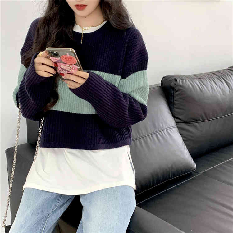 3 colors Autumn Winter Women Pullovers And Sweaters Jumper preppy style Striped Female Short knitted Sweater (C9839) 210423