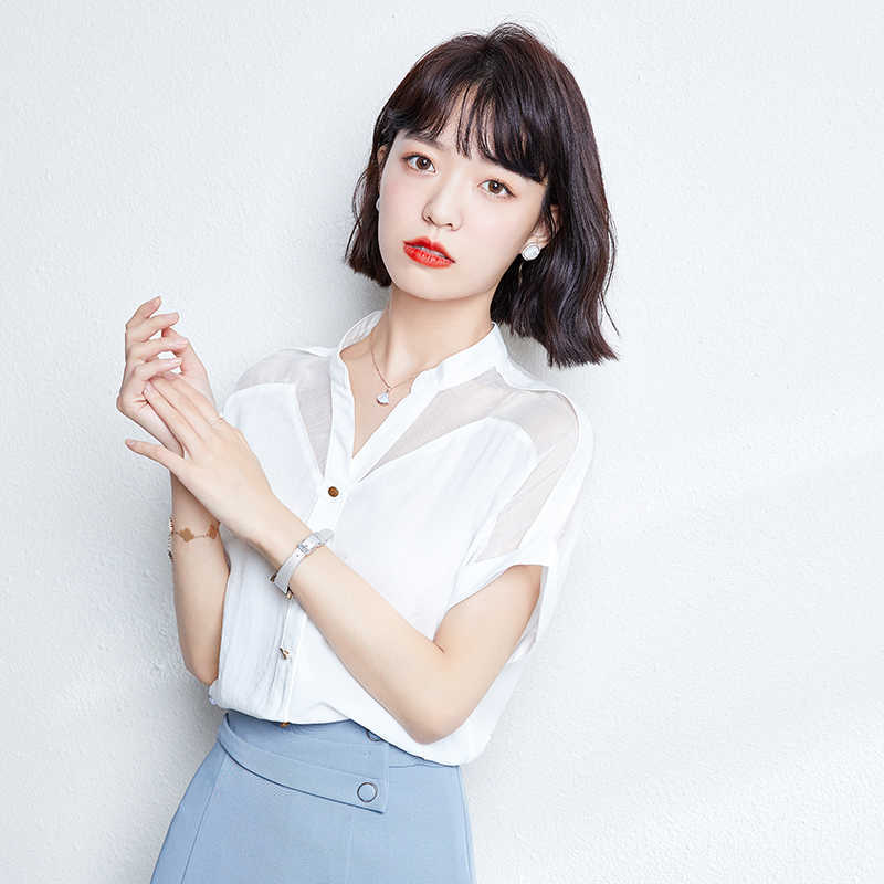 Korean Fashion Womens Tops and Blouses Chiffon Women Short Sleeve Office Lady White Shirts Plus Size XXL Ladies 210531