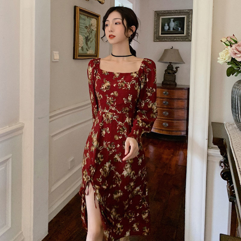 Elegant Floral Dress Women Long Sleeve Midi Vintage Dress Square Collar French Retro Sexy Party Dress Spring Korean Style 210521