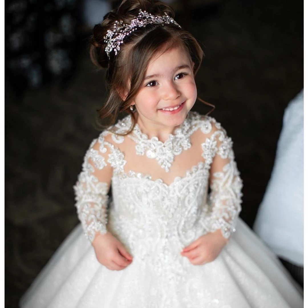 Stock Flower Girl Dress Long Train With Bow Lace Appqulies Ball Gown Princess Holy First Communion Wears Mc2221