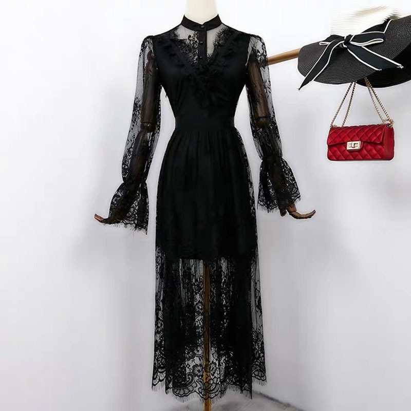 Summer Spring Mesh See Through Lace Black Dress Women Vintage Casual Midi Long Dresses Streetwear de fiesta Plus Size 2X 210421