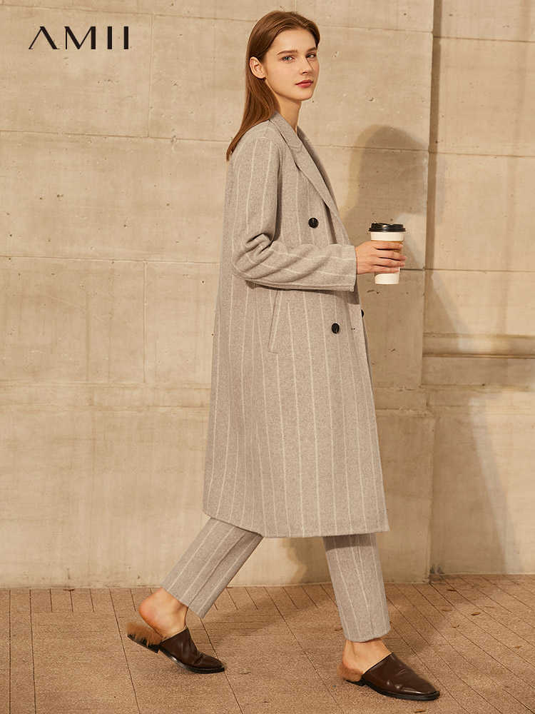 Minimalism Winter Fashion Women's Coat OLstyle Stripe Lapel Double breasted Aline Loose Woolen Female Jacket 12030372 210527