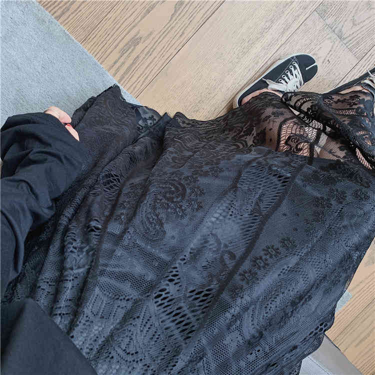 Elastic High Waist Lace Skirts Womens Spring Autumn Korean Elegant Casual A-Line Black Long Mujer Faldas Female 210520