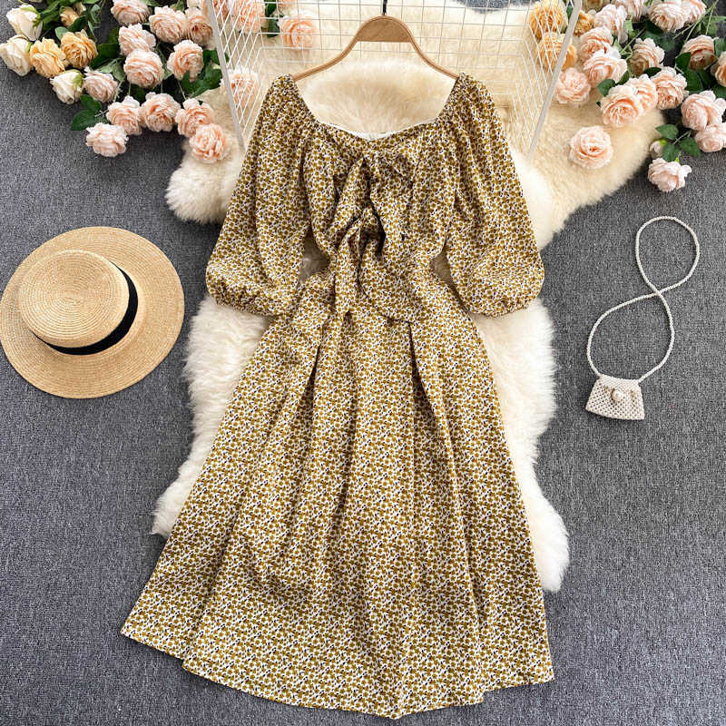 DEAT Women Printing Dress Square Collar Three Quarter Sleeve Arrivals Lady Temperament Fashion Spring Summer 11D562 210709