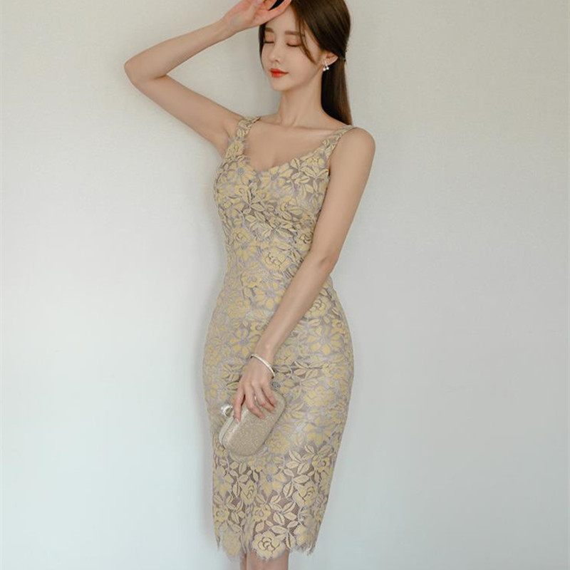 Summer Lace Dress Women OL Elegant Slim Sleeveless V-neck Sexy Office Lady Package Hip Patry Dresses Vestidos 210421