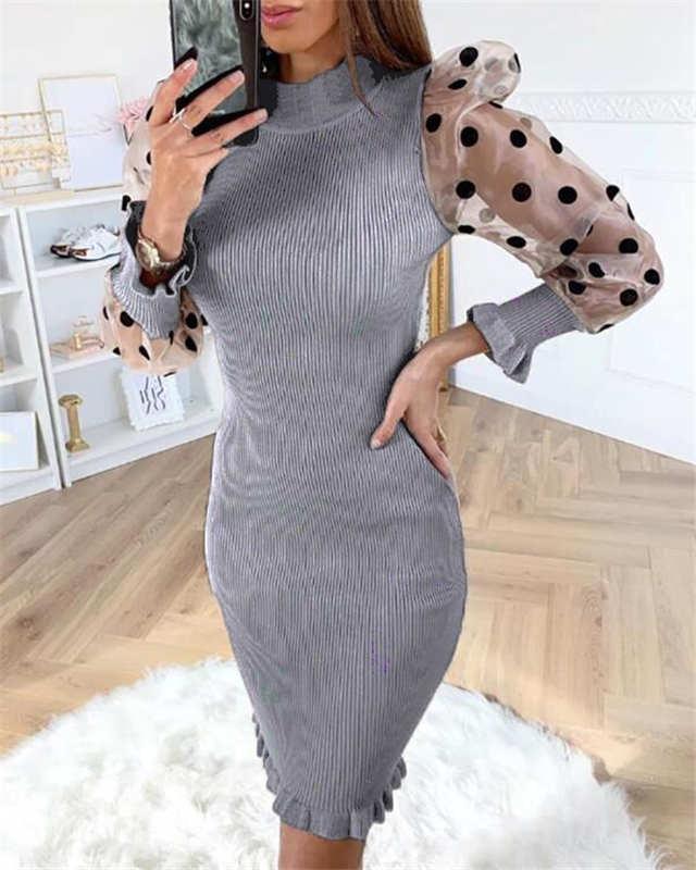 Fashion Polka Dot Mesh Sheer Puff-Sleeve Women Dress Ladies Autumn Knitted Slim Pencil Casual Dresses