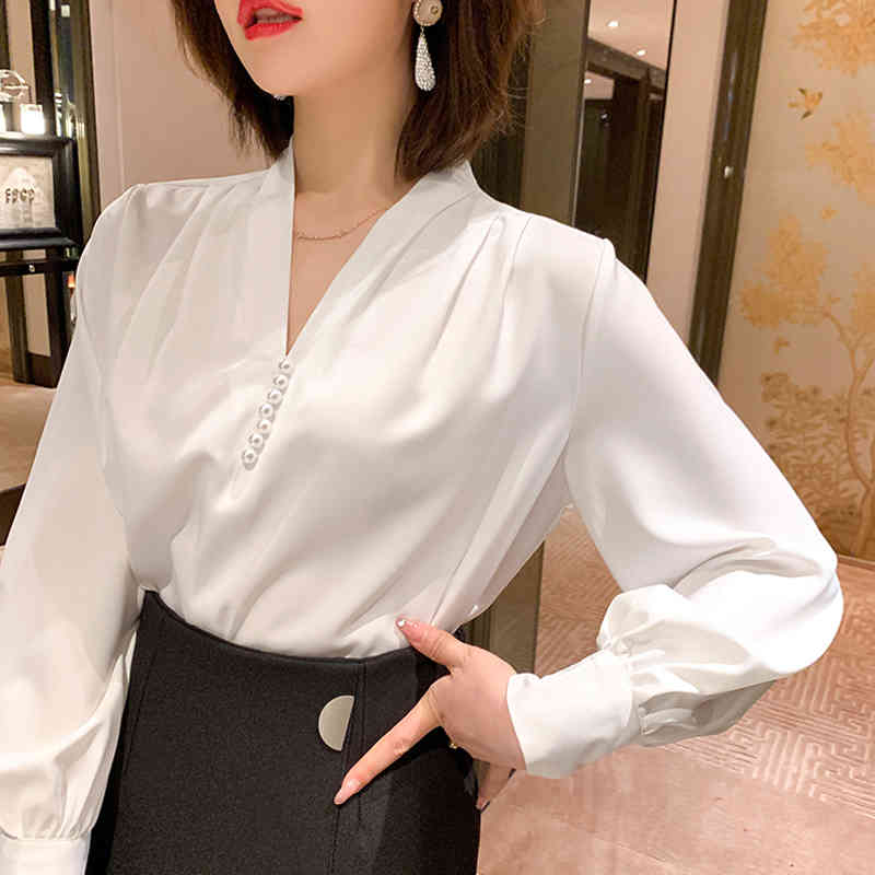 Autumn Spring Lantern Sleeve V Neck Blouse Women Office Lady Plus Size Chiffon Shirts Solid Casual Beading Clothing 12270 210508