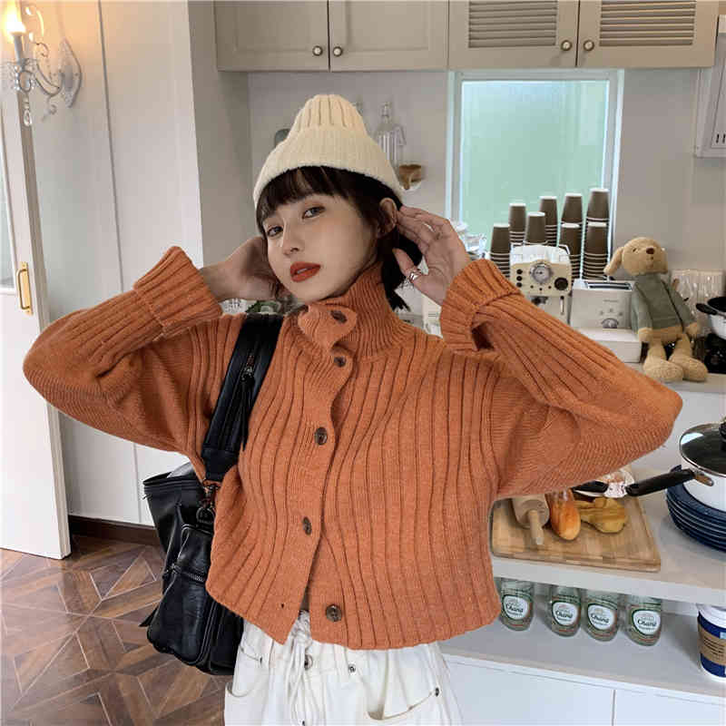 Nomikuma Short Knitwear Cardigan Autumn Winter Turtleneck Long Sleeve Sweater Coat Causal Solid Korean Knitted Jacket 6D231 210427