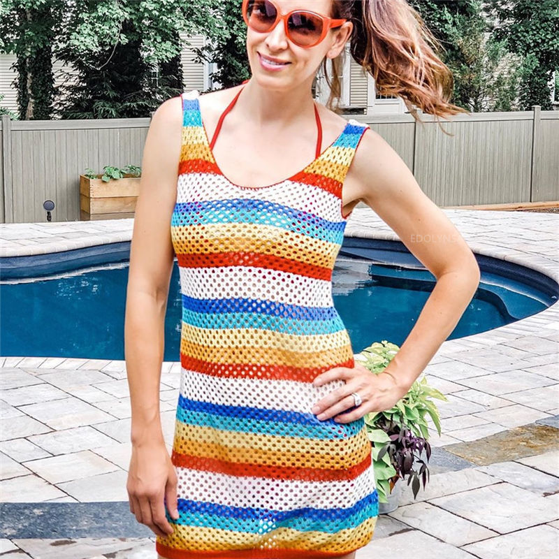 Multicolored Striped Summer Beach Wear Mini Dress Women Tunic Swimwear Cover-ups Bikini Wrap Cover Up Sarong plage #Q726 210420