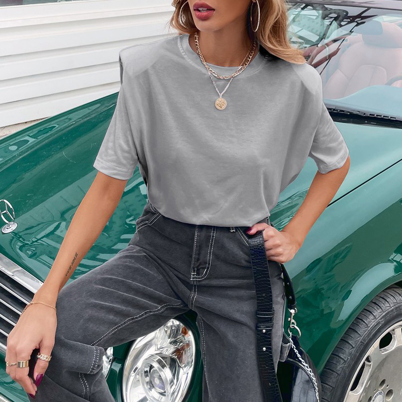 Round Neck Pad Shoulder Woman Tshirts Summer Short Sleeve Fashion Solid Tees For Women Casual T-shirt Tops Clothing 210510