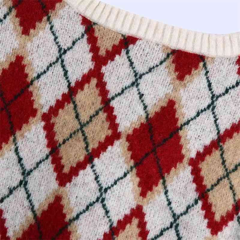 Women Fashion Diamond Check Knitted Vest Sweaters Vintage V Neck Side Vents Female Waistcoat Chic Jumper Tops 210520