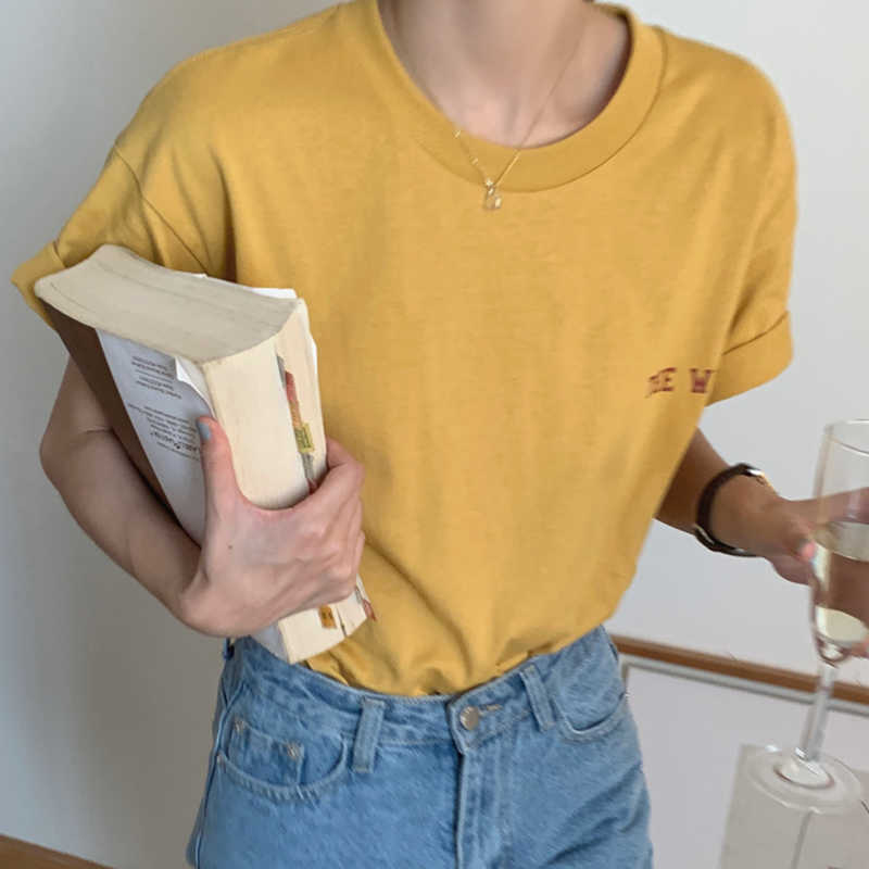 Korejpaa Women T-Shirt Summer Korean Chic Girls Simple Casual Basic Round Neck Contrast Letter Printing Loose Versatile Top 210526