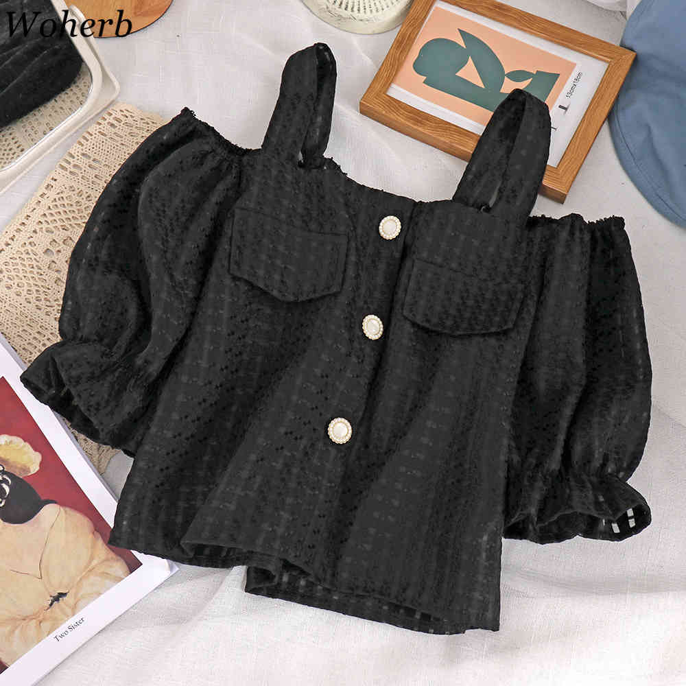 Off Shoulder Shirt Women Summer Blouses Slash Neck Spaghetti Strap Crop Tops Korean Sweet Short Sleeve Blusas Mujer 210519
