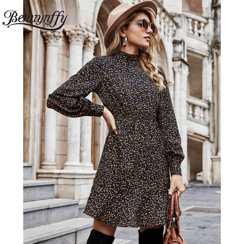 Mock Neck Print Ruffle Hem Short Dresses Women Spring High Waist Long Sleeve Female Casual A-line Dress Above Knee 210510