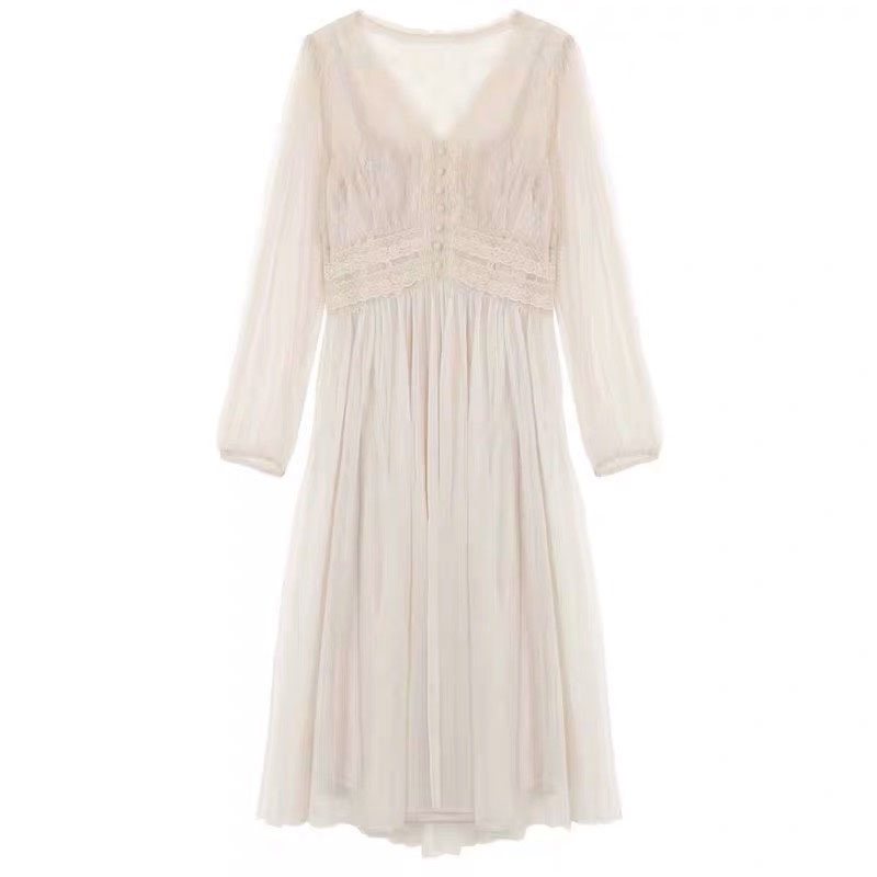 Dress Women Spring Plus Size Elegant Button A-Line Vestidos Solid Puff Sleeve Empire V-Neck Lace Voile Mesh 8126 210427