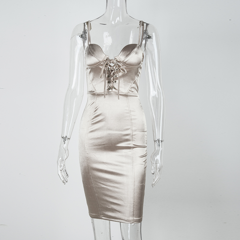 NewAsia Corset-style Lace Up Club Dress Women Summer Sexy Padded Bra Satin Dress Woman Party Night Elegant Dress Champagne 210409