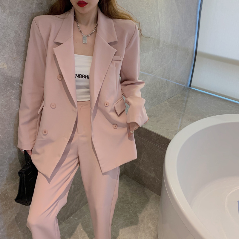 All Match OL Solid Women Retro Elegant Office Lady Blazers+ Loose Vintage Straight Trouser Suits 2 Piece Sets 210421