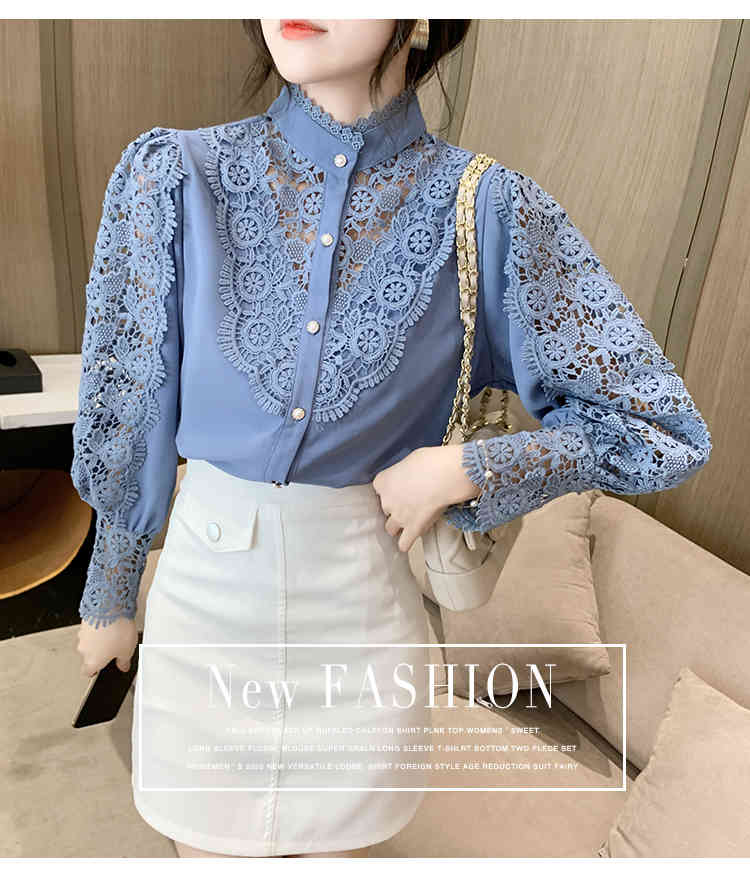 Women's Lace Hollow Out Patchwork Blouses Single Breasted Female Tops Office OL Lady blusas Ropa De Mujer 210520