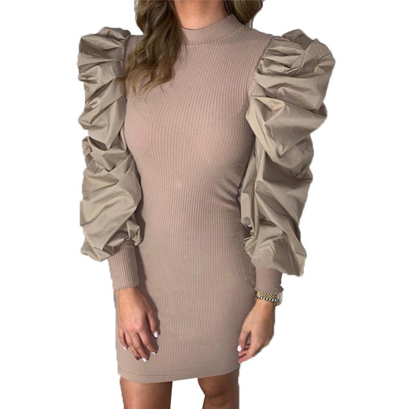 Women Lady Elegant Long Puff Sleeve Pencil Dresses Sexy Patchwork Slim Club Party Bandage Bodycon Mini Dress Outfit Female 2021 Casual