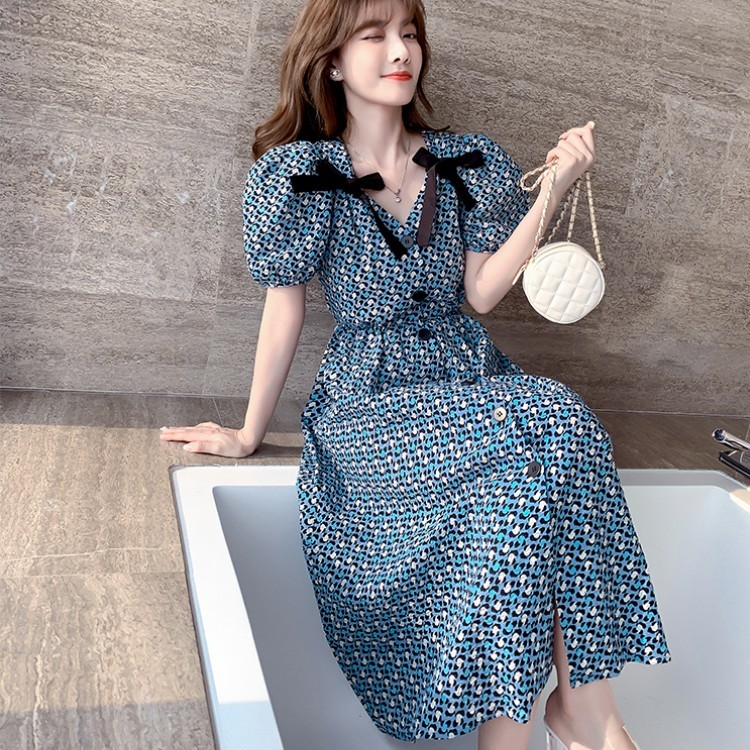 Vintage Summer Elegant Women Sweet Bowknot V-Neck Single Breasted Casual Dress Fashion Print A-Line Midi Long Vestido 210519