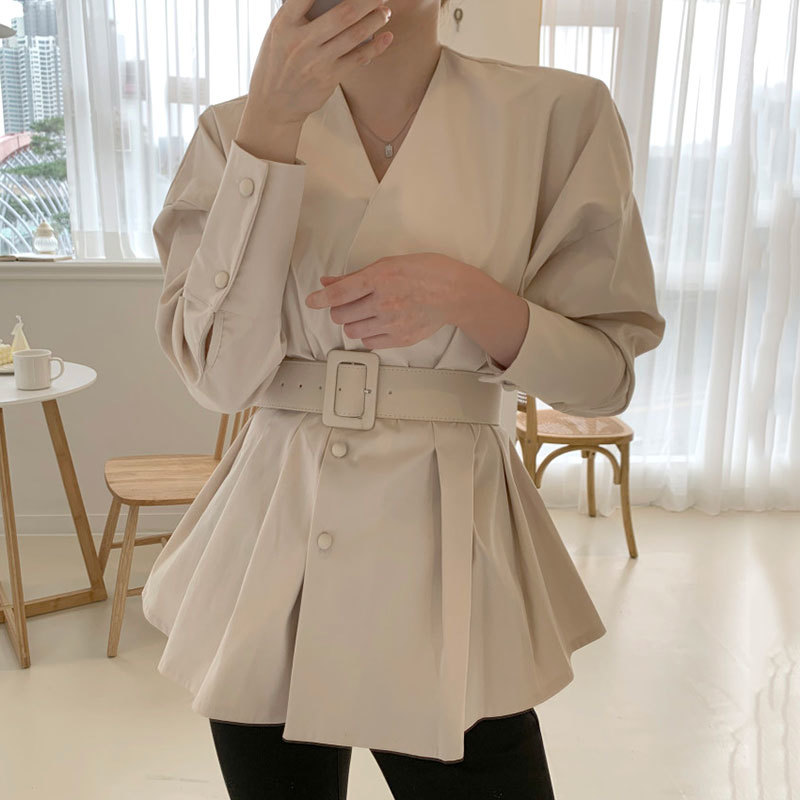 Wohern Korean Ins Elegant Long Sleeve Blouse with Belt Office Lady Casual Slim Waist Puff Ruffle Shirt Chic Blusas Autumn 210519