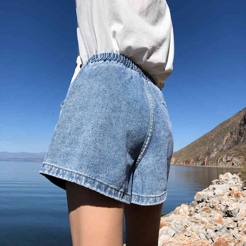 Black Blue White Pink Short Femme Summer Women Denim Arrival High Elastic Waist Wide Leg Shorts Jeans 3659 50 210417