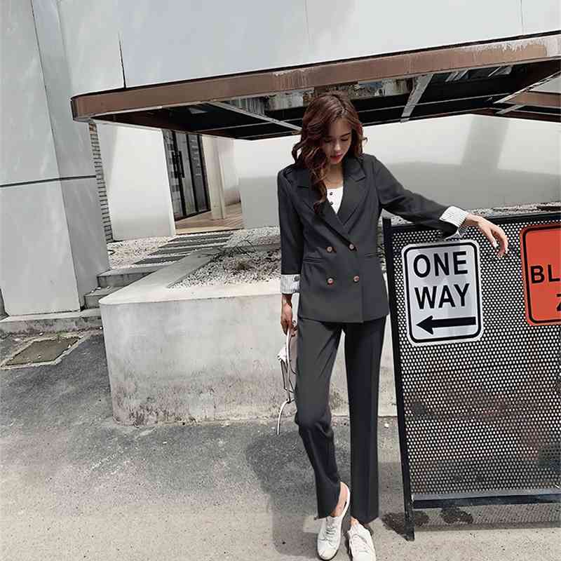 Work Pant Suits Office 2 Piece Sets Double Breasted Blazer Jacket coat + OL Trousers Suit For Women Set Feminino 210519