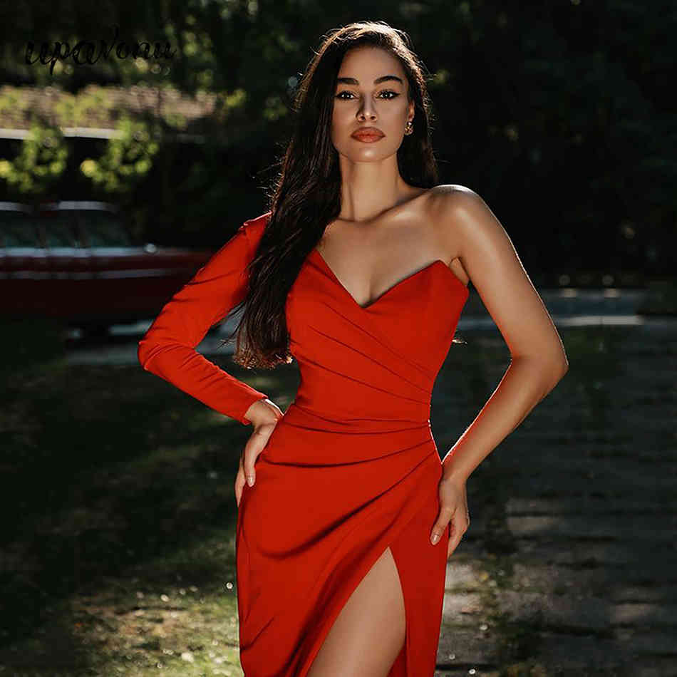 Free Women's Red Summer Dress Sexy One Shoulder Long Sleeve Halter Split Club Evening Party Vestido 210524