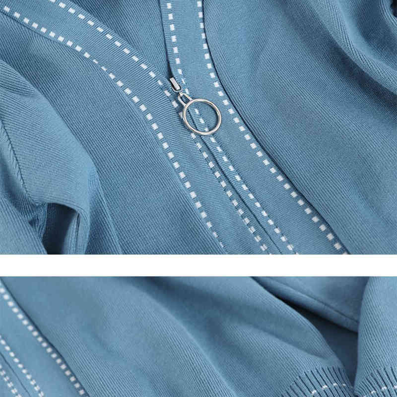 Women Stylish Suit Lady Chic V Neck Zipper Long Sleeve Coats Causl Pants Solid Knitting 2 Piece Set Autumn Winter 210506