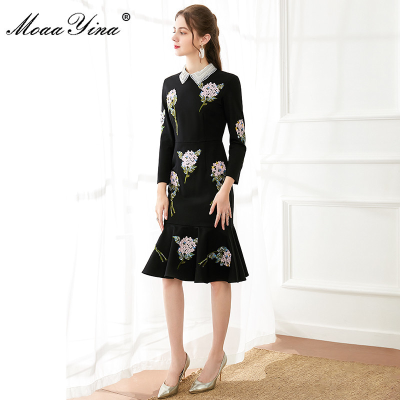 Spring Women Dress Beaded turn-down collar Rose Embroidery drilling Black Slim Package hip Elegant Mermaid Dresses 210524