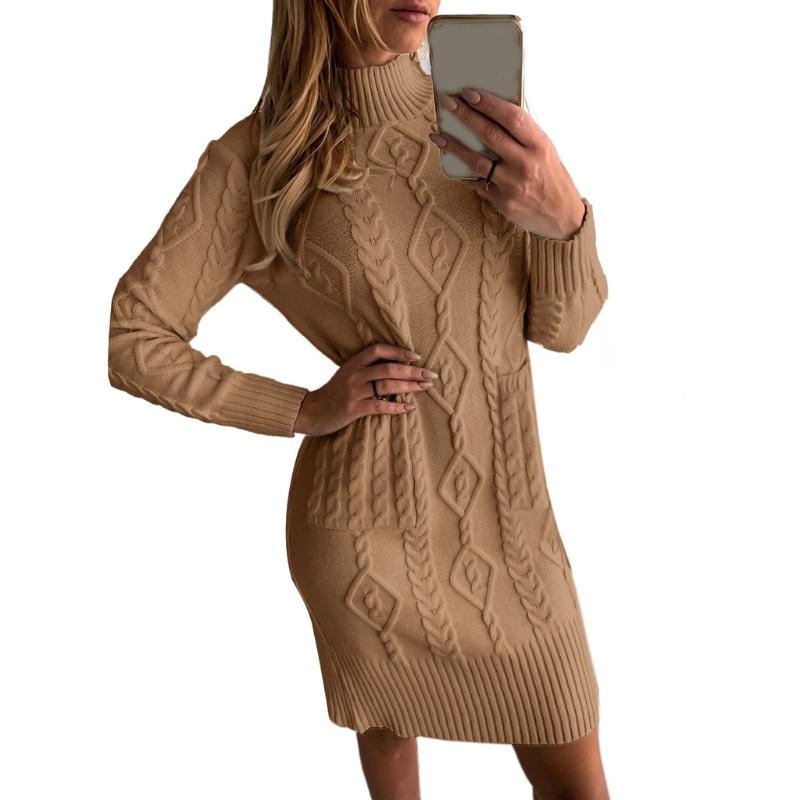 Women Long Sleeve Turtleneck Solid Color Cable Knit Slim Fit Midi Sweat Dress Casual Dresses