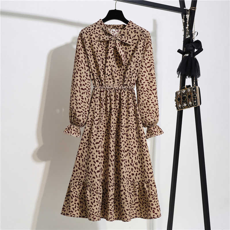 Floral Print Women Dress Female Autumn Long Sleeve Vintage Chiffon Bow Tie Neck Office Lady Shirt Dress Summer Vestidos 210630