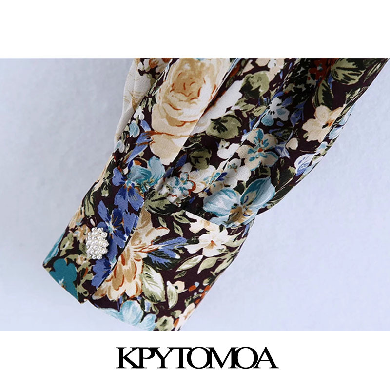 Women Fashion With Bow Tie Floral Print Cropped Blouses Long Sleeve Button-up Female Shirts Chic Tops 210420