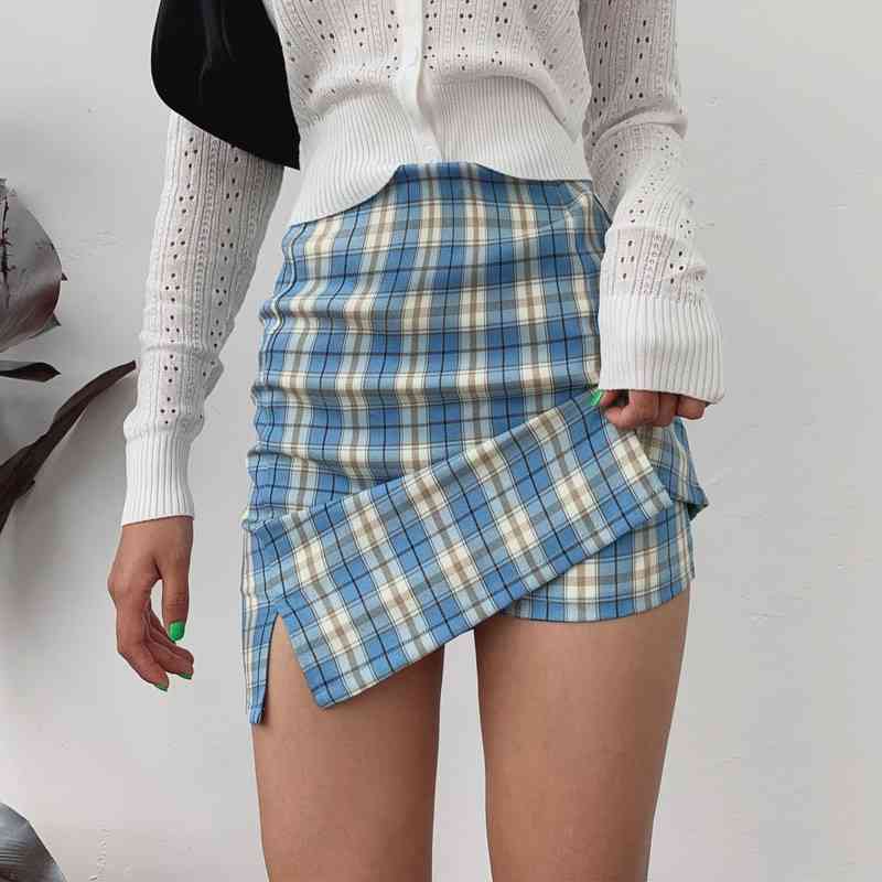 Women Split Details Plaid Mini Skirt with Under Shorts Skort In Check 210619