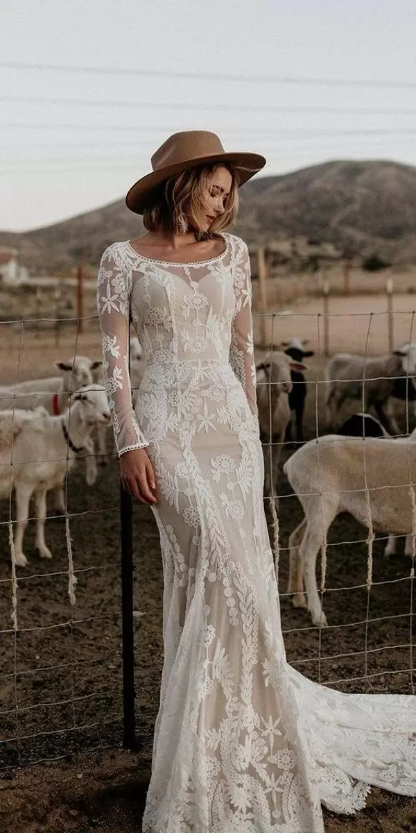 Lace Country Mermaid Wedding Dresses Bridal Gown Long Sleeves Scoop Neck Sexy Backless Custom Made Ruffles Applique Sweep Train Plus Size Beach Vestid