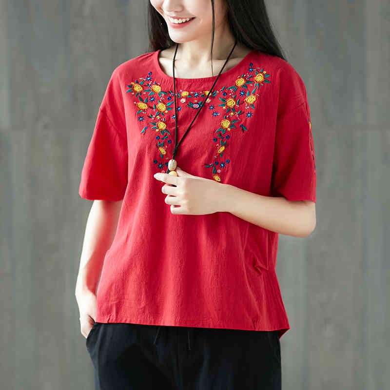 Summer Style Women Tshirt Plus Size Short Sleeve Loose O-neck Tops Cotton Linen flower Embroidery Vintage Tee Shirt CYK2 210512