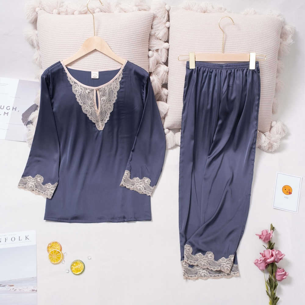 Lisacmvpnel Hollow Out Lace Sexy Ice Silk Pyjamas Women Long Sleeve Suit Pajamas 211007
