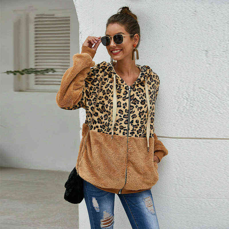 Autumn Winter Leopard Sweatshirts Women Long Sleeve Hooded Hoodies Casual Zipper Hoodie Top Warm Coat Polerones Mujer 211109