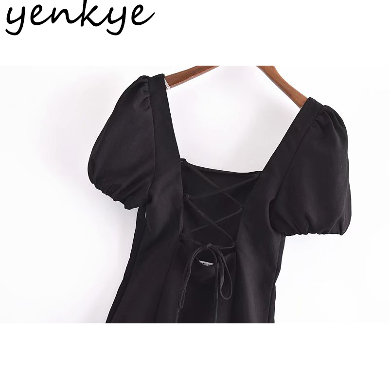 Vintage Black Linen Dress Summer Women Sexy Backless Lacing Puff Sleeve Square Neck Vestido Mujer Party Short Dresses 210430