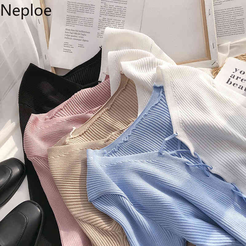 Neploe Korean V-neck Cardigan Tops Short Knitted Sweaters Women Thin Cardigan Fashion Patchwork Bandage Crop Top Ropa Mujer 210422