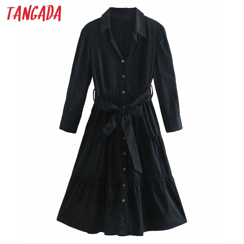 Fashion Women Black Pleated Shirt with Slash Vintage Long Sleeve Office Ladies Midi Dress 2W86 210416