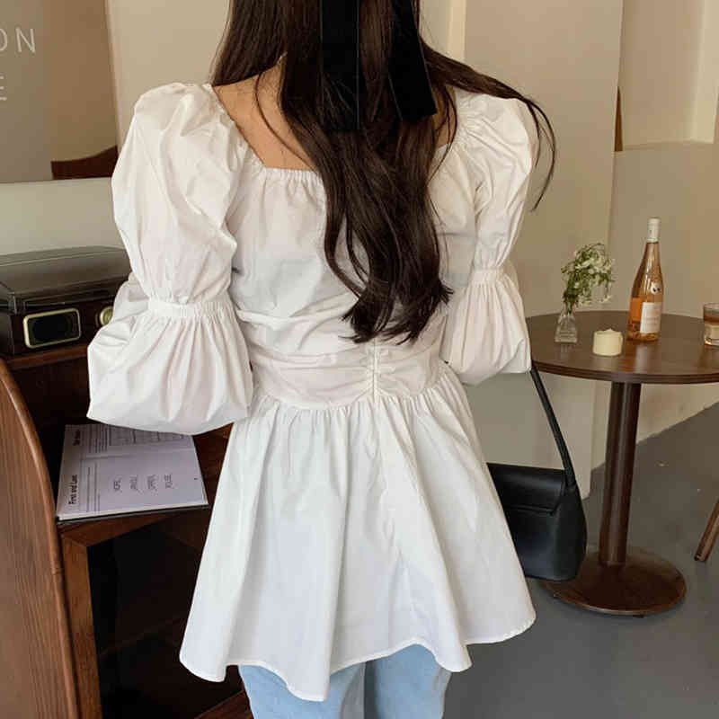 Nomikuma Vintage Elegant V-neck Blouse Shirt Causal Cross Pleated Slim Waist Women Tops Spring New Puff Sleeve Blusas 6E025 210427