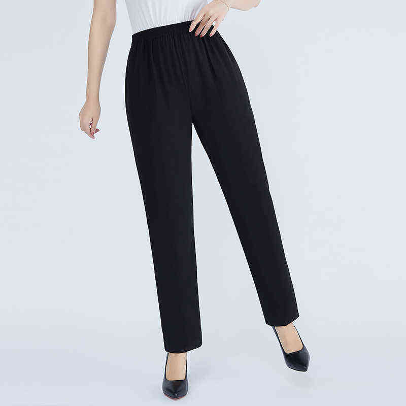 Summer Straight Pants Vintage Middle-aged Women Solid Color Thin Loose Ankle-Length Trousers Elastic Waist Casual White 211115