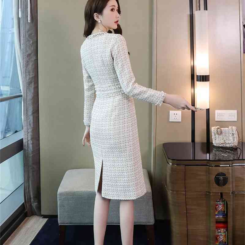 Fashion Women Tweed Long sleeve Midi Dresses Autumn Winter Beading Office OL Bodycon sheath Dress Vesitdos 210519